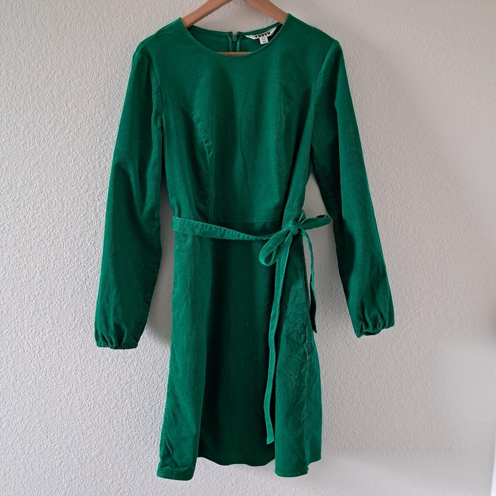 Boden Harriet Dress Corduroy Long Sleeve Belted Pockets Green 8L